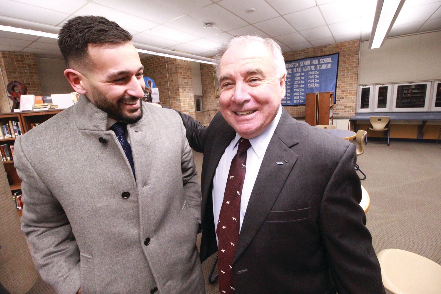 NEW MAYOR: Joseph Polisena Jr. took the oath of office on the evening of Monday, Jan. 9, becoming Johnston’s new mayor. His father, the now former mayor, swore-in the mayor-elect. Prior to the ceremony, he posed for photos with friends and political allies.
